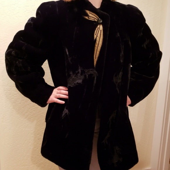 Vintage faux fur coat jacket black leather Medium - Picture 3 of 5